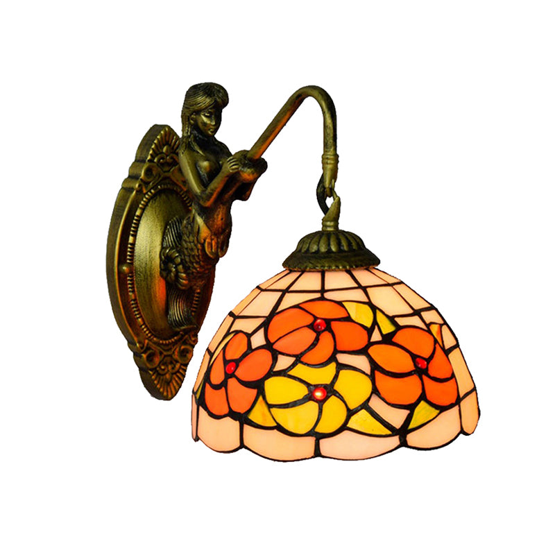 Flower Wall Mounted Light Tiffany Beige Glass 1 Head Brass Mermaid Sconce Light Fixture for Hallway