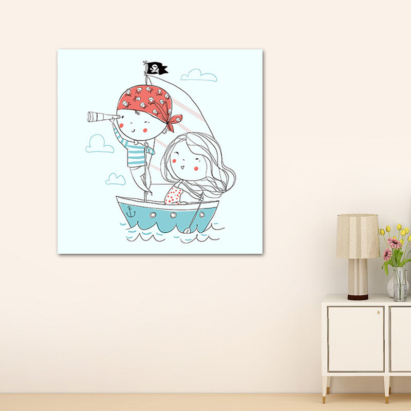 Kids Rowing Drawing Canvas Print Cartoon Lovely Figure Wall Art in Blue on White