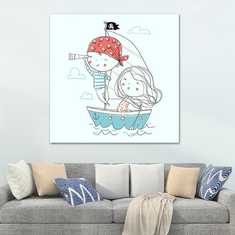 Kids Rowing Drawing Canvas Print Cartoon Lovely Figure Wall Art in Blue on White