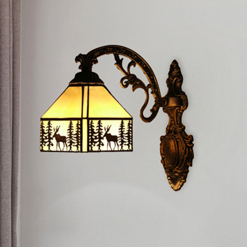1 Light Forest Deer Wall Light with Lodge Shade Tiffany Rustic Wall Sconce in Beige for Hotel