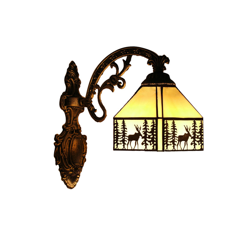 1 Light Forest Deer Wall Light with Lodge Shade Tiffany Rustic Wall Sconce in Beige for Hotel