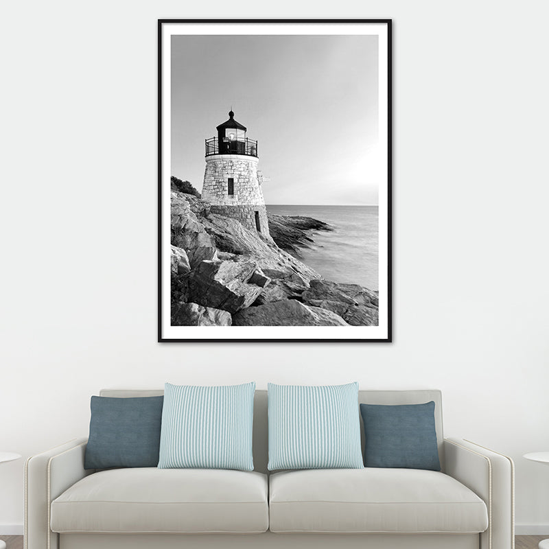 Vintage-Kunstdruck mit Leuchtturm am Meer, Leinwand, graues Gebäude, Wanddekoration, mehrere Größen erhältlich