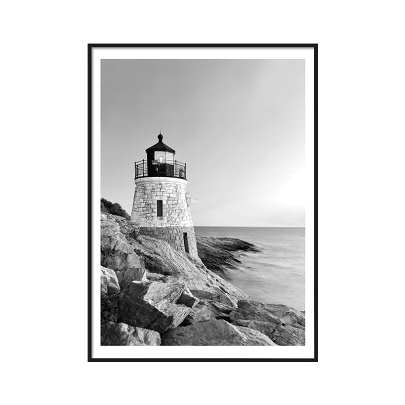 Vintage-Kunstdruck mit Leuchtturm am Meer, Leinwand, graues Gebäude, Wanddekoration, mehrere Größen erhältlich