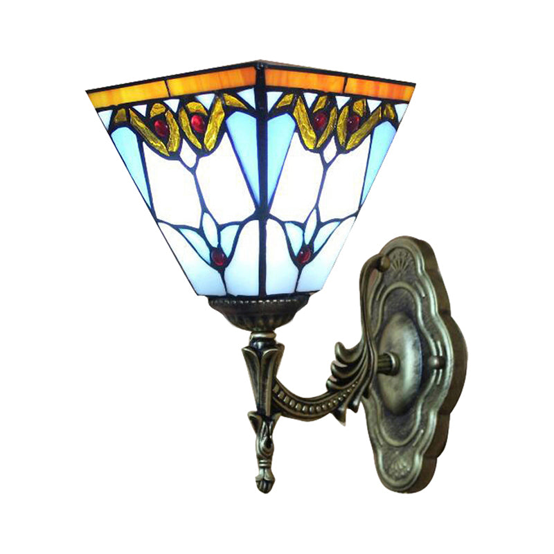 Pyramid Study Room Wall Light Stained Glass 1 Head Tiffany Victorian Sconce Lamp in Blue
