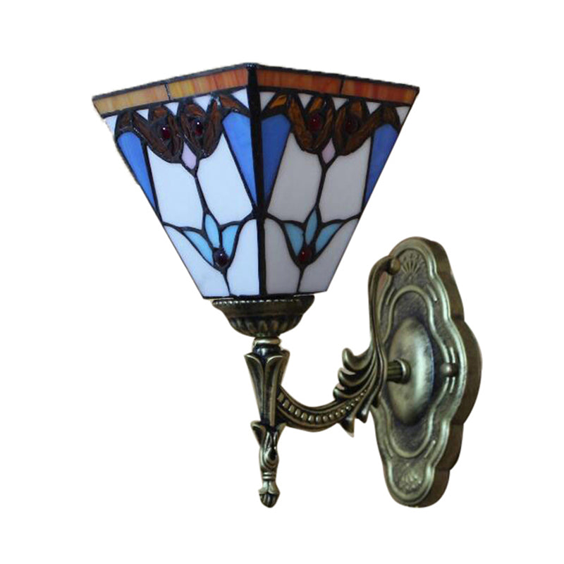 Pyramid Study Room Wall Light Stained Glass 1 Head Tiffany Victorian Sconce Lamp in Blue