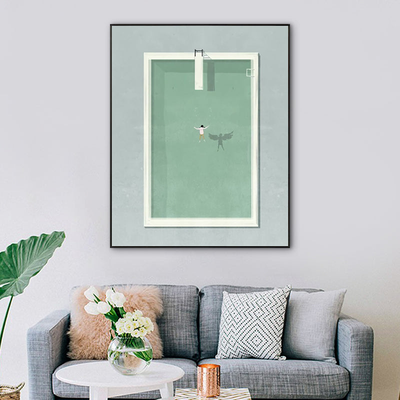 Pool and Swimmer Canvas Art Scandinavian Swimming Wall Decor in Green for Stadium