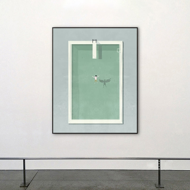 Pool and Swimmer Canvas Art Scandinavian Swimming Wall Decor in Green for Stadium