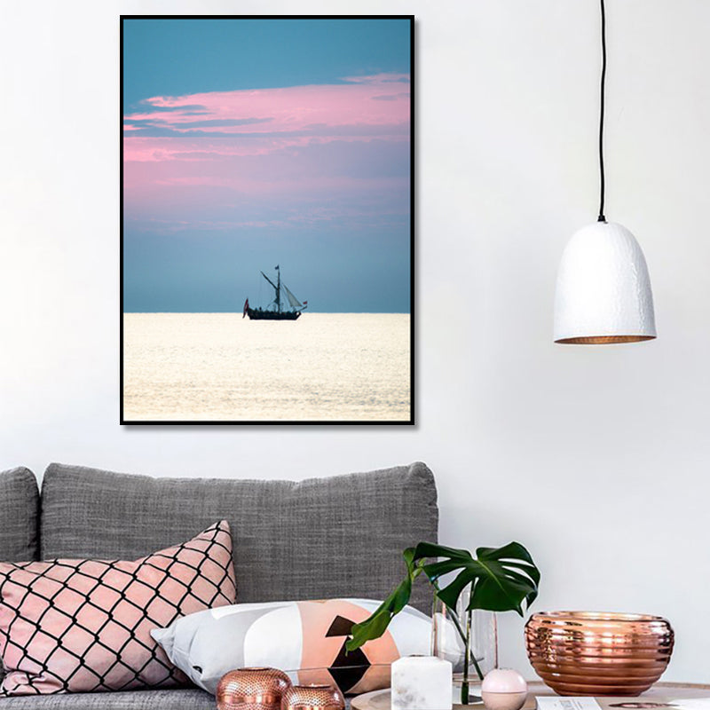 Foto-Sonnenuntergang-Ozean-Segelboot-Leinwandkunst, minimalistische, malerische Meereslandschaft, Wanddekoration in sanften Farben