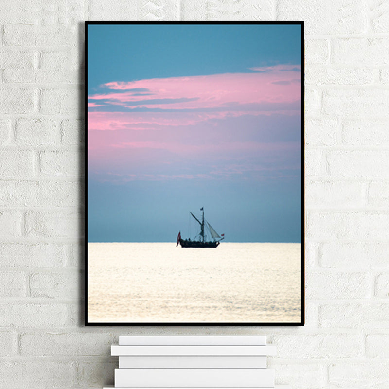 Foto-Sonnenuntergang-Ozean-Segelboot-Leinwandkunst, minimalistische, malerische Meereslandschaft, Wanddekoration in sanften Farben