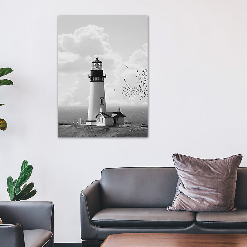 Gray Lighthouse Scene Painting Textured Vintage Style Dining Room Canvas Wall Art