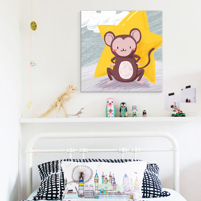 Toile imprimée d'art mural d'animaux de dessin animé, décoration murale texturée de couleur douce pour chambre de bébé