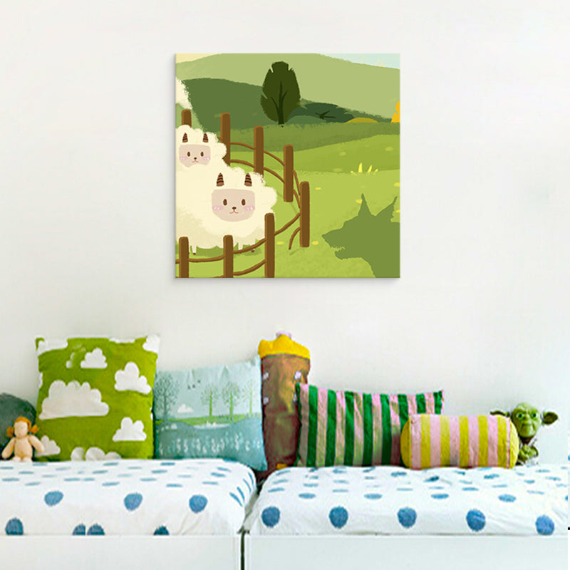 Toile imprimée d'art mural d'animaux de dessin animé, décoration murale texturée de couleur douce pour chambre de bébé