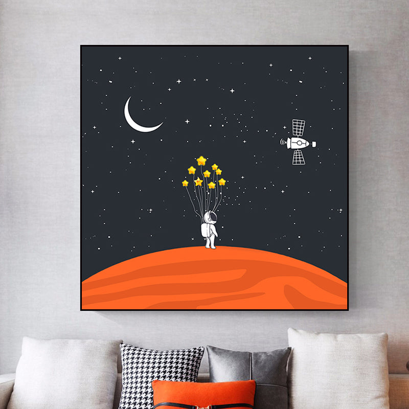 Astronaut and Starry Night Canvas Textured Kids Style Bedroom Wall Art Decor in Dark Color