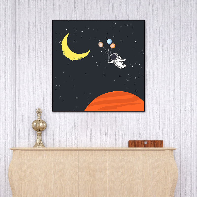 Astronaut and Starry Night Canvas Textured Kids Style Bedroom Wall Art Decor in Dark Color