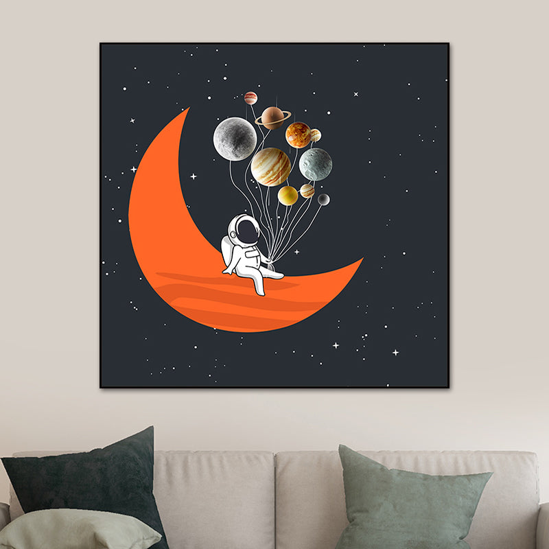 Astronaut and Starry Night Canvas Textured Kids Style Bedroom Wall Art Decor in Dark Color