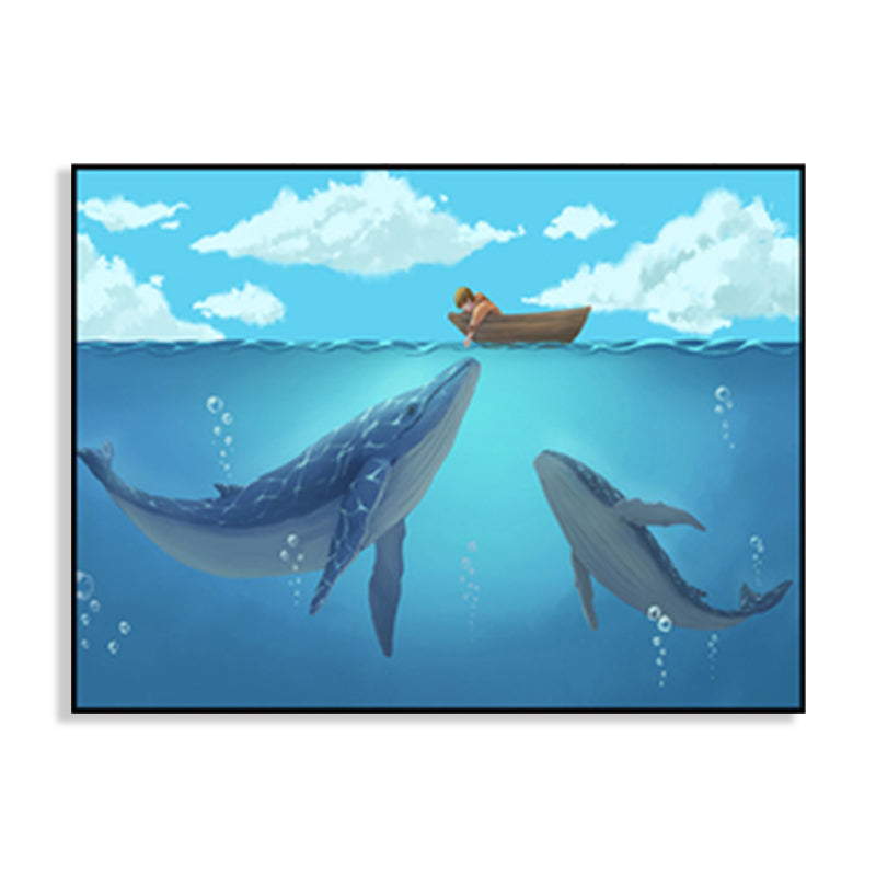 Textured Whale Canvas Wall Art Cartoon Wall Decoration for Sitting Room, Soft Blue