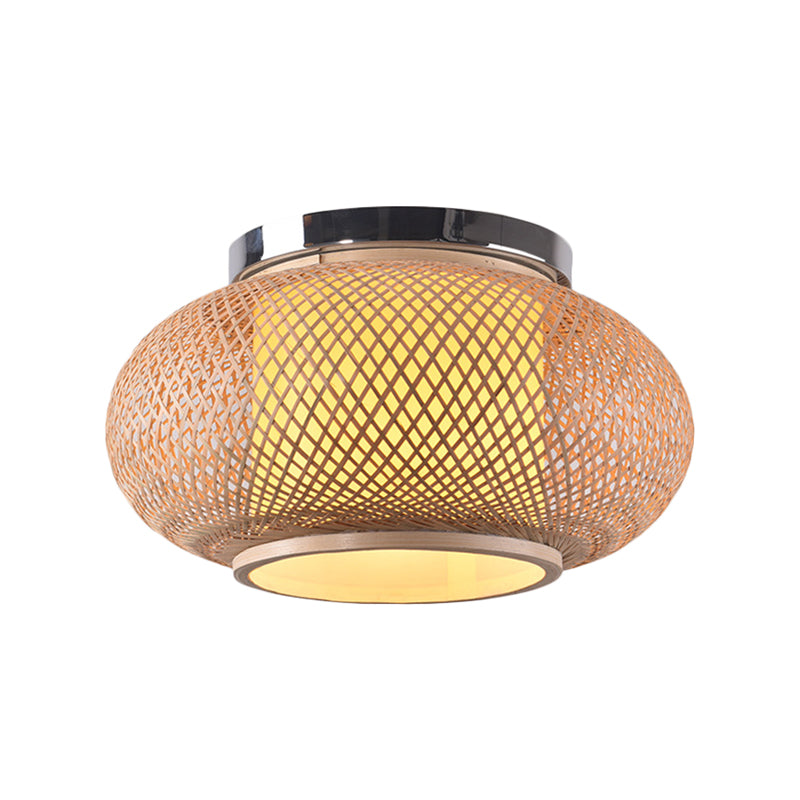 Yellow Lantern Shade Flush Light Contemporary Style 16"/19.5" Dia 1-Head Bamboo Ceiling Mounted Light for Living Room