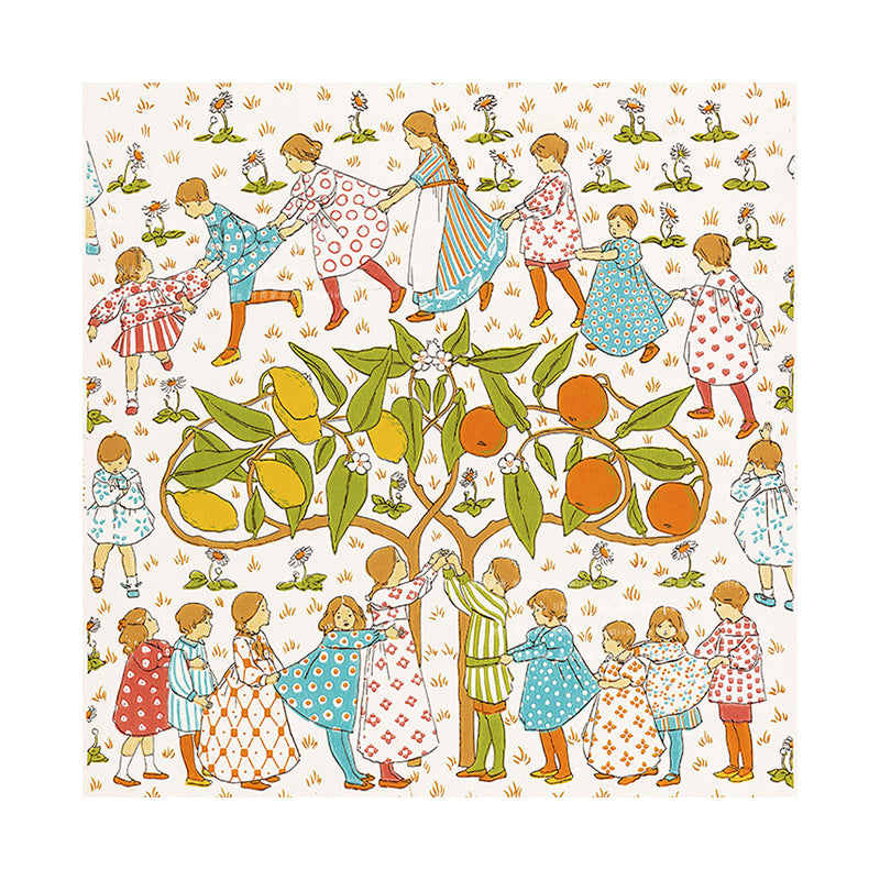 Kids Around Tree Wall Art Nordic Style Entertainment Canvas Print in Yellow for Gallery