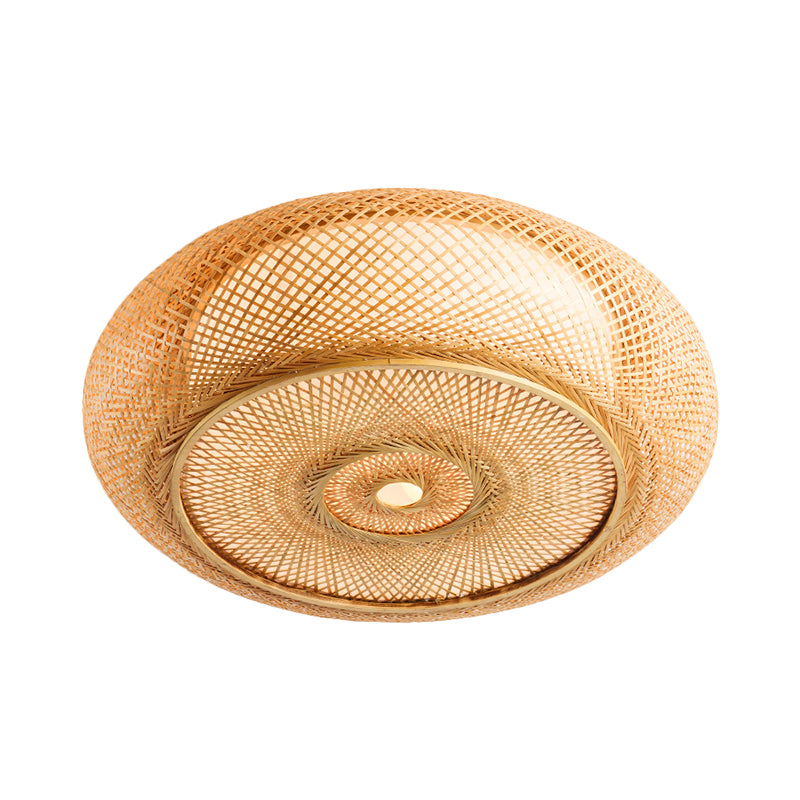Handgemaakte slaapkamer inbouwlamp bamboe 16"/19,5" W 3-lichts plafondinbouwlamp met ronde kap in beige