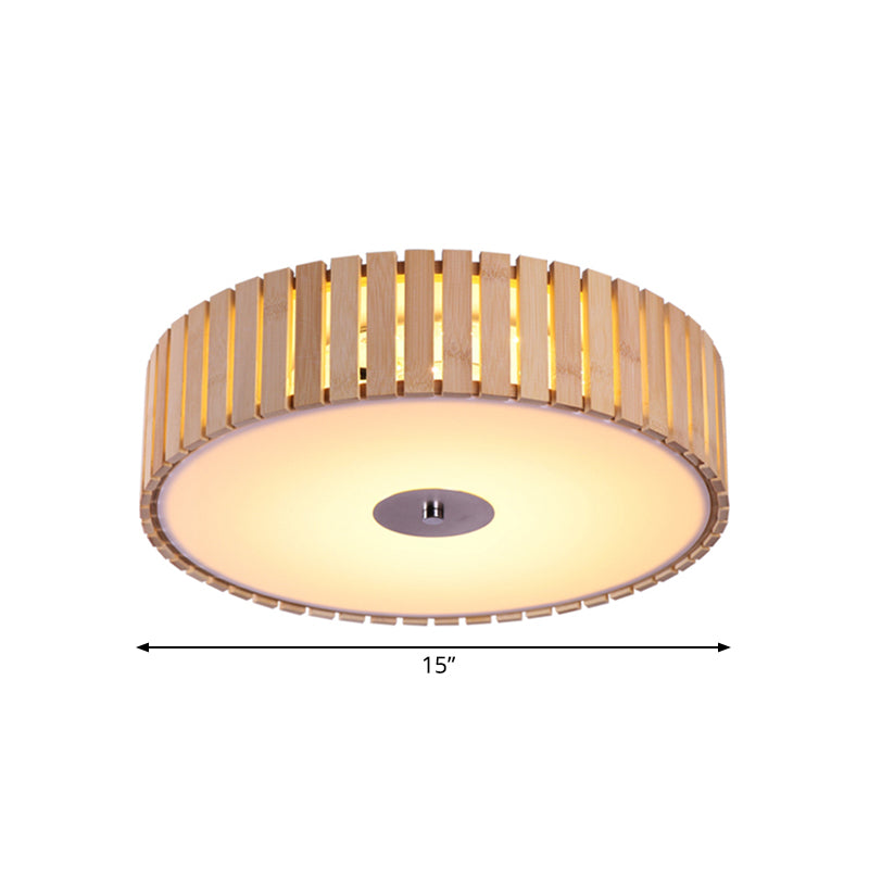 Bamboo Drum Shade Flush Mount Light Modern Style 15"/19" W LED Beige Ceiling Light Fixture for Living Room