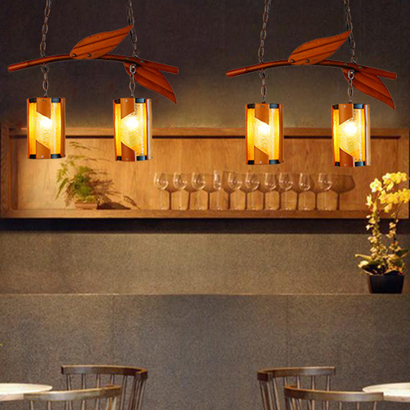Crackle Glass Cylindrical Hanging Light Style Country 2 Lights Lighting Brown Island Lighting con acento de rama para restaurante