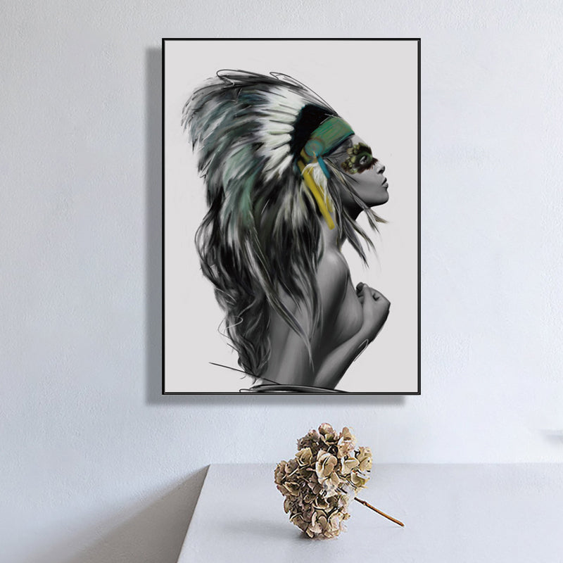 Pastel Color Featherhat Girl Canvas Contemporary Textured Wall Decor for Living Room
