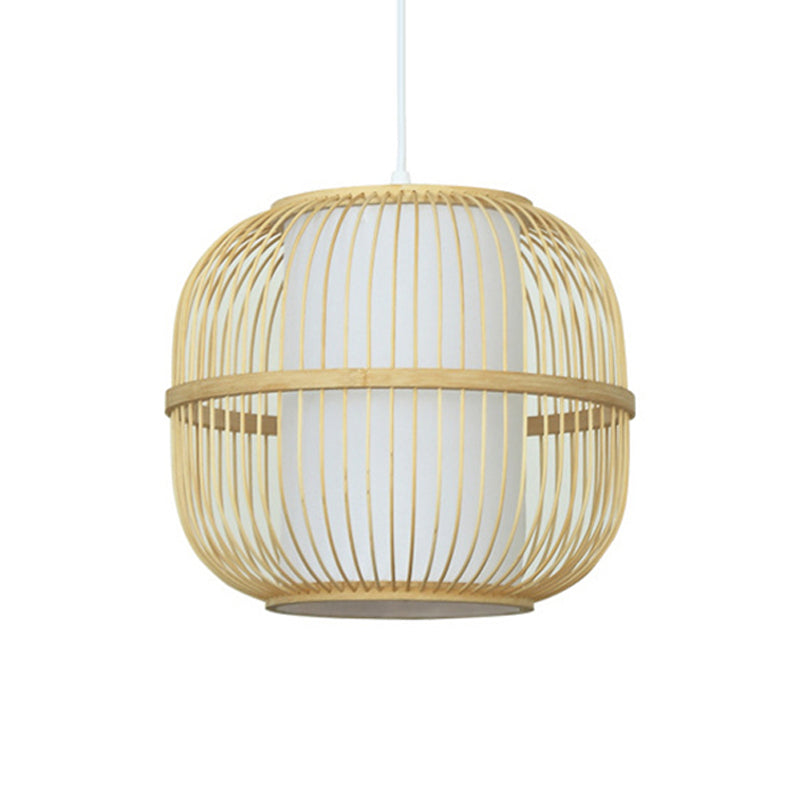 Beige Oblong Ceiling Fixture Contemporary Style 1-Light Bamboo Pendant Lamp with Inner Cylindrical Shade