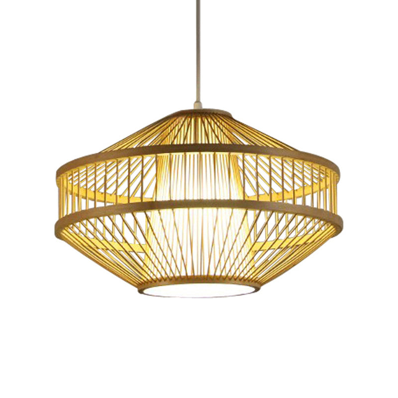 Modernist Style 1 Light Hanging Lamp with Bamboo Shade Beige Open-Weave Suspension Lamp for Restaurant