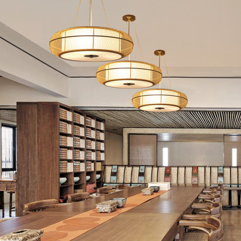 Modern Stylish Drum Shade Hanging Pendant Light Bamboo 3-Head Dining Room Ceiling Light in Black/Wood