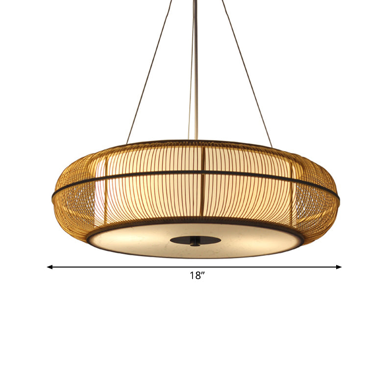 Modern Stylish Drum Shade Hanging Pendant Light Bamboo 3-Head Dining Room Ceiling Light in Black/Wood