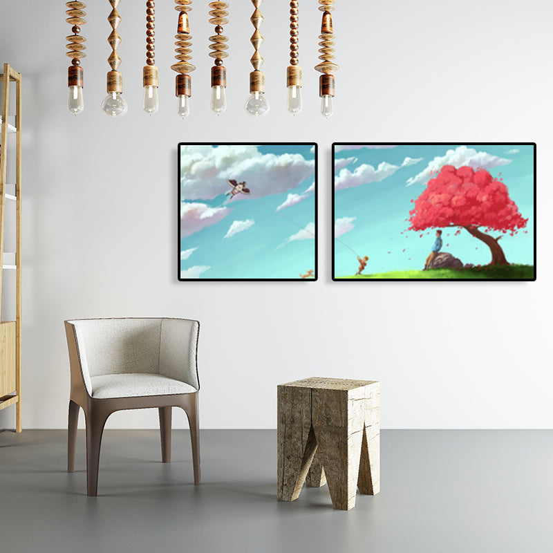 Painting Outings Canvas Print Cartoon Multi-Piece Wall Art in Soft Color for Kids Room