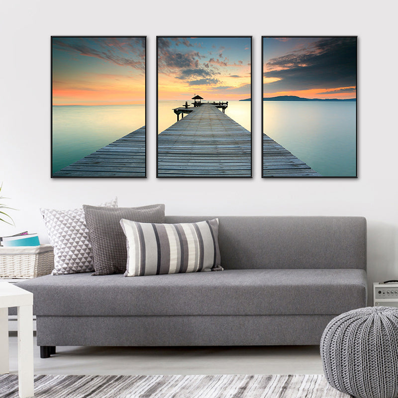 Seaside Bridge Scene Art Print Modern Canvas Multi-Piece Painting in Soft Color, Set of Three