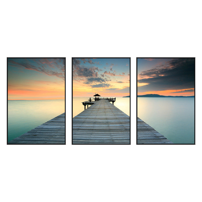 Seaside Bridge Scene Art Print Modern Canvas Multi-Piece Painting in Soft Color, Set of Three