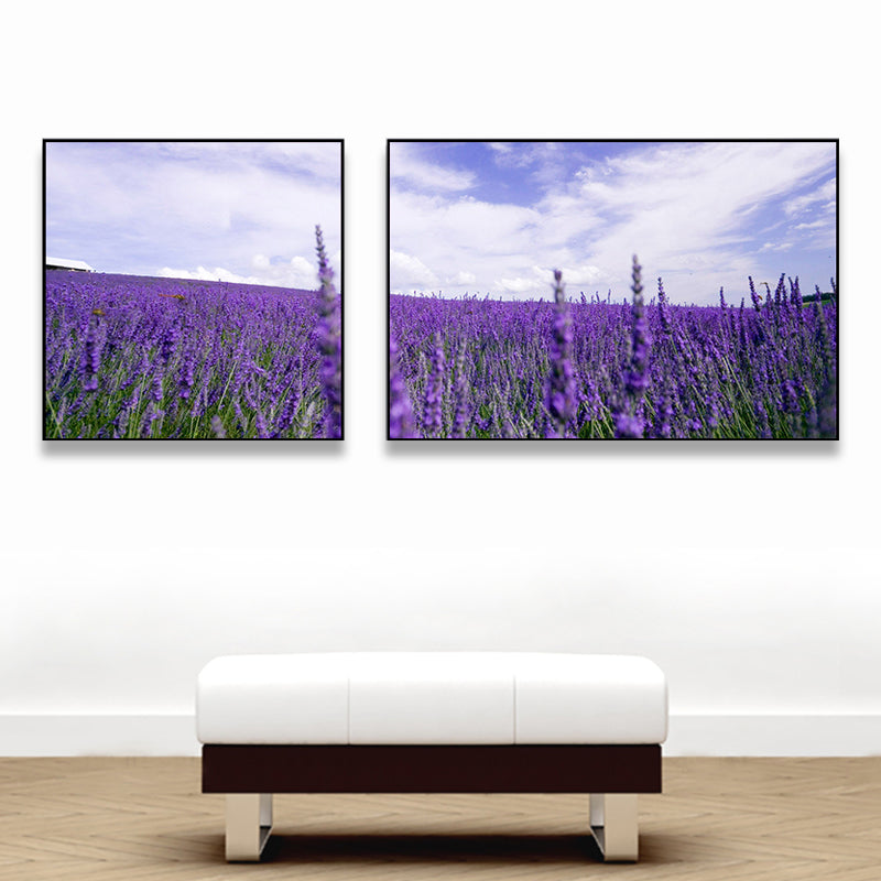 Lavender Field Wall Art Modern Enticing Nature Scenery Canvas Print in Purple for Room