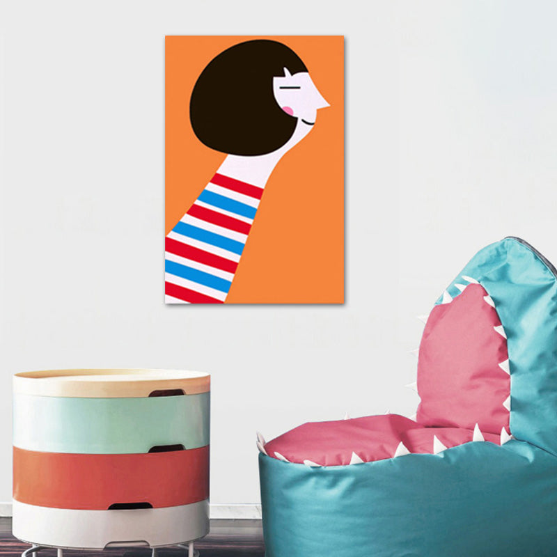 Canvas Textured Art Print Cartoon Figure Drawing Wall Decor in Orange for Living Room