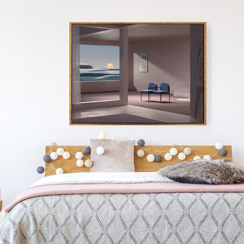 Minimalism Canvas Print Dark Color Mixed Media Empty Room with Sea View Wall Art for Home