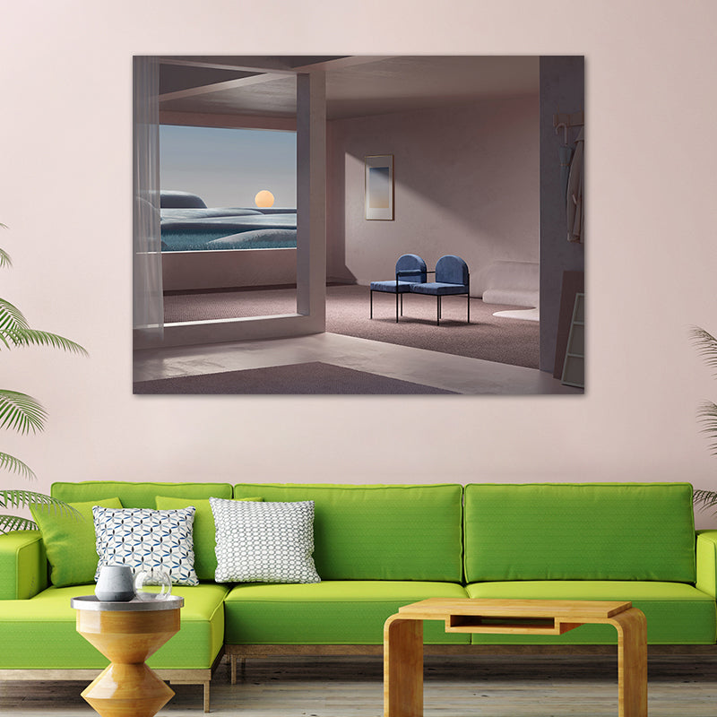 Minimalism Canvas Print Dark Color Mixed Media Empty Room with Sea View Wall Art for Home
