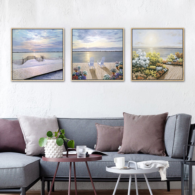 Seaside Scenery Wall Decor Rustic Textured Bedroom Canvas, Multiple Sizes, Set of Three