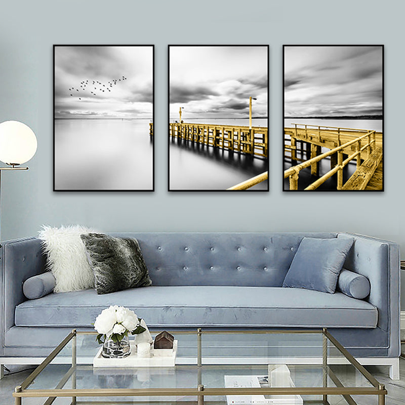 Photography Sea Bridge Wall Art Grey and Gold Modernism Canvas Print for Dining Room