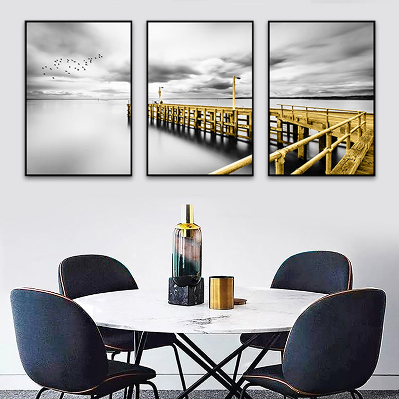 Photography Sea Bridge Wall Art Grey and Gold Modernism Canvas Print for Dining Room