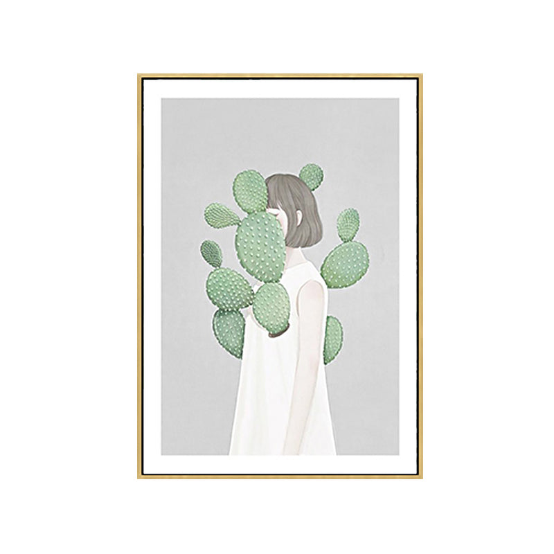 Green Cactus Girl Canvas Art Figure Drawing Kids Style Textured Wall Decor for Room