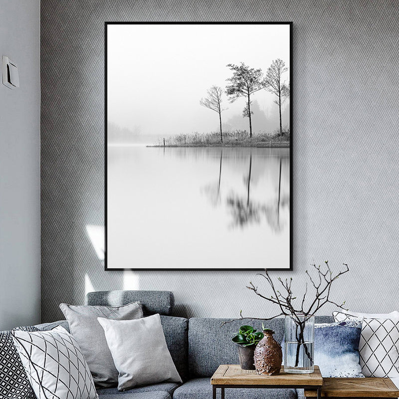 Strukturierte Leinwandmalerei im Vintage-Stil im Flussufer-Landschafts-Wand-Kunst-Dekor in Grau