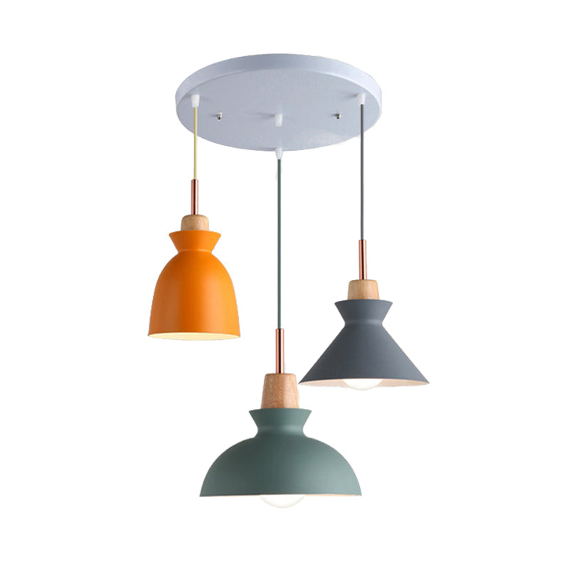 Multi-Color Cone and Dome Hanging Lighting Modern 3 Lights Metal Pendant Ceiling Light with Linear/Round Canopy