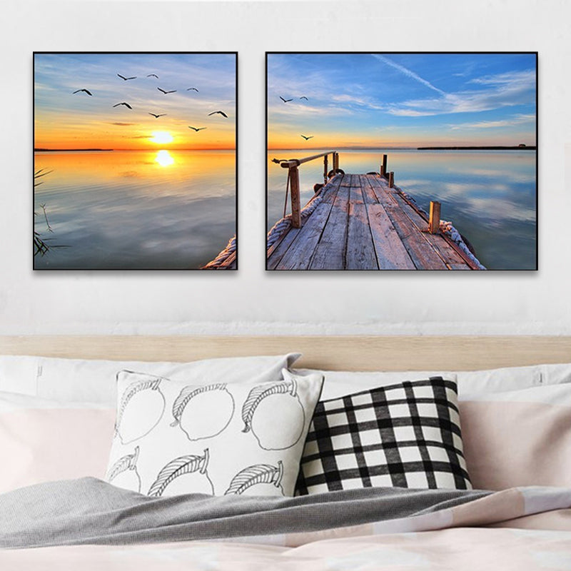 Toile de paysage de mer au coucher du soleil, décoration murale tropicale multi-pièces de couleur pastel pour la maison