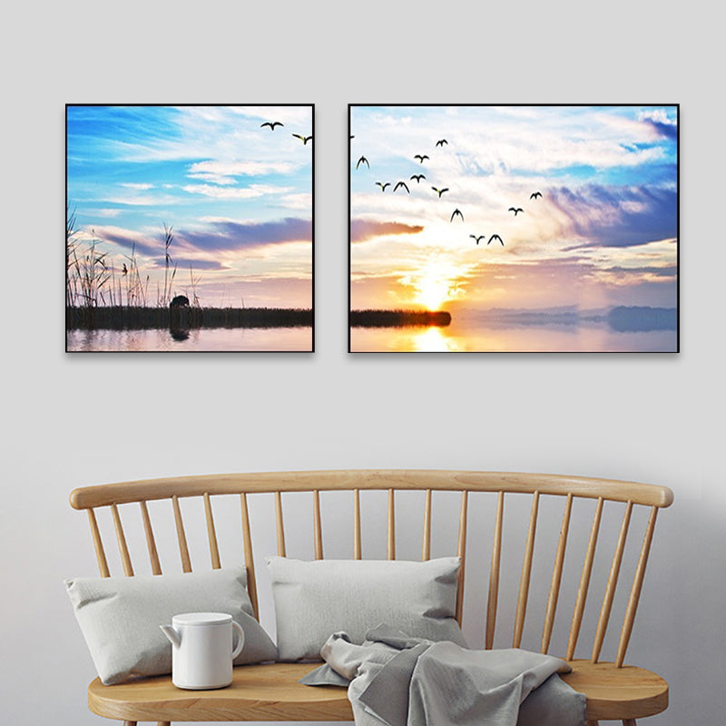 Toile de paysage de mer au coucher du soleil, décoration murale tropicale multi-pièces de couleur pastel pour la maison