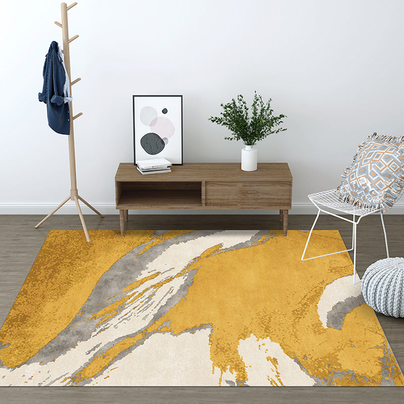 Modernist Watercolor Pattern Rug Blue and Yellow Polyester Rug Non-Slip Backing Washable Pet Friendly Carpet for Bedroom