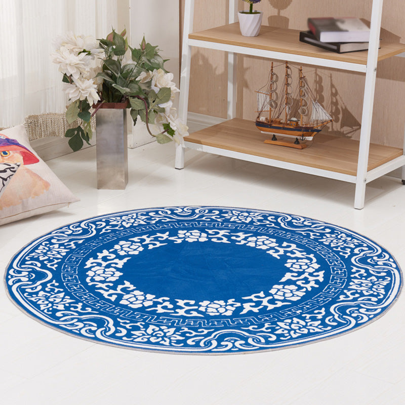 Vintage Floral Pattern Rug Blue and Black Polyester Rug Washable Pet Friendly Non-Slip Area Rug for Living Room