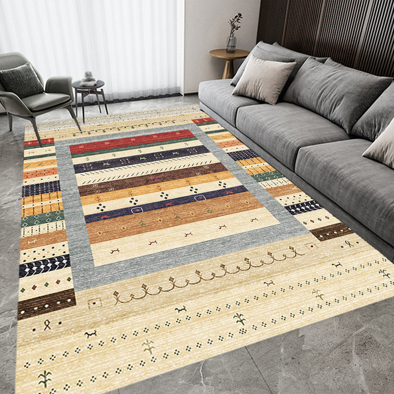 Bohemian Striped Pattern Rug with Flower Multicolor Polyester Rug Machine Washable Non-Slip Backing Area Rug for Living Room