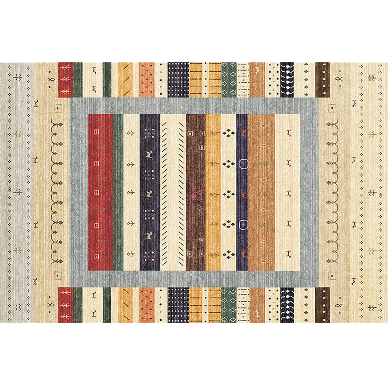 Bohemian Striped Pattern Rug with Flower Multicolor Polyester Rug Machine Washable Non-Slip Backing Area Rug for Living Room