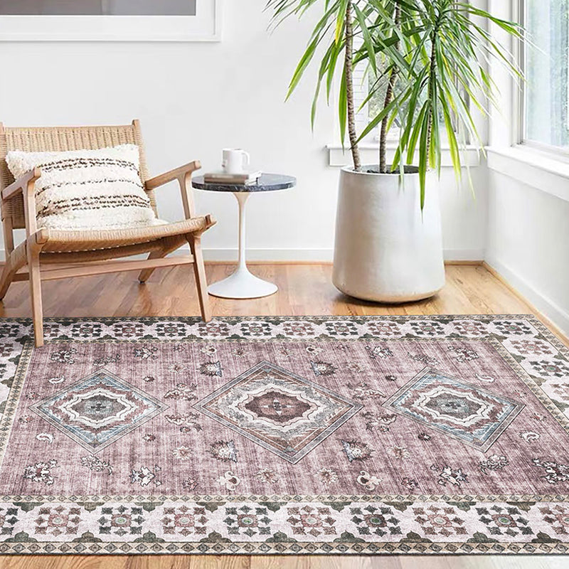 Retro Tribal Flower Pattern Rug Pink and Grey Polyester Rug Washable Pet Friendly Anti-Slip Carpet for Living Room